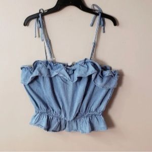 American Eagle AE Blue Denim Ruffled Tie Strap Crop Top Size M